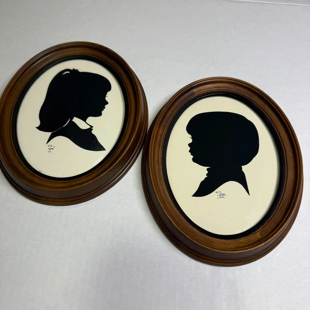 Vintage Pair Silhouette Profile Portraits Boy and Girl Oval Wood Frames Signed